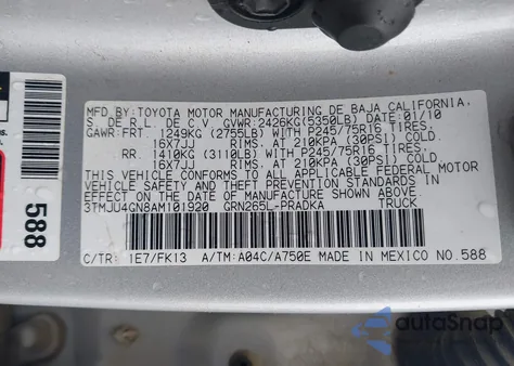 2010 Toyota Tacoma Prerunner V6 z USA, uszkodzony, nr VIN 3TMJU4GN8AM101920